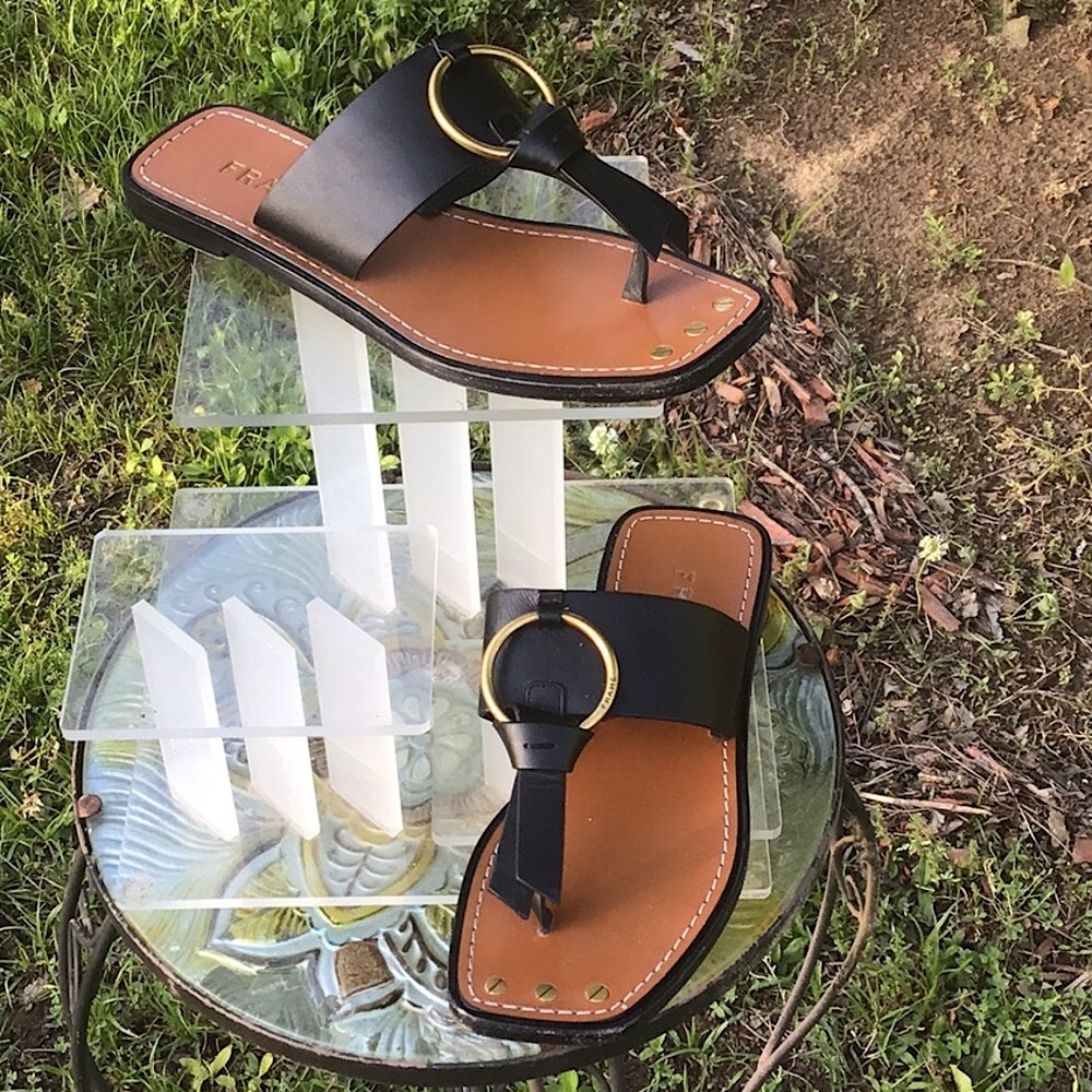 Frame Le Santa Monica Black Leather Sandals with Gold Accents